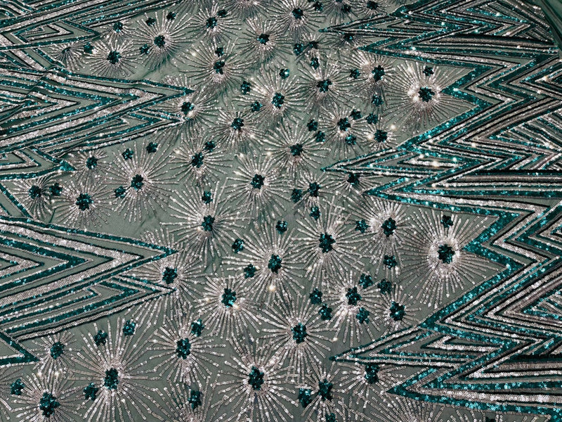 Geometric Fabric - Hunter Green / Silver - Sequins Triangle Pattern Design 4 Way Stretch Sold By Yard