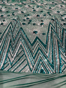 Geometric Fabric - Hunter Green / Silver - Sequins Triangle Pattern Design 4 Way Stretch Sold By Yard