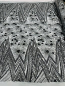Geometric Fabric - Charcoal - Sequins Triangle Pattern Design 4 Way Stretch Sold By Yard