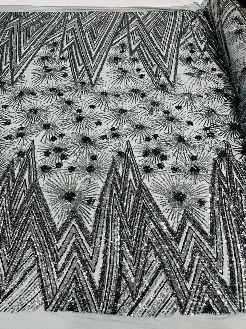 Geometric Fabric - Charcoal - Sequins Triangle Pattern Design 4 Way Stretch Sold By Yard