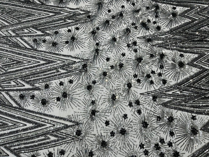Geometric Fabric - Charcoal - Sequins Triangle Pattern Design 4 Way Stretch Sold By Yard