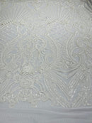 Damask Geometric Sequins - White - 4 Way Stretch Sequins Design Sold By Yard