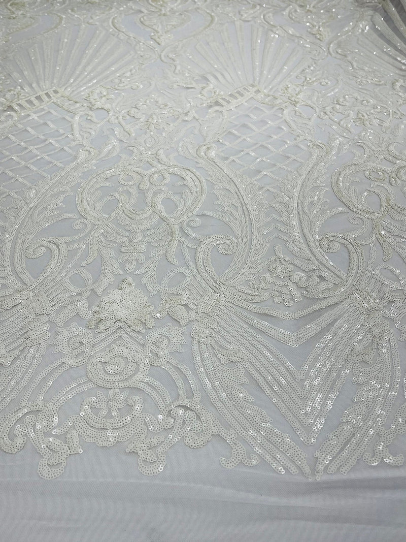 Damask Geometric Sequins - White - 4 Way Stretch Sequins Design Sold By Yard