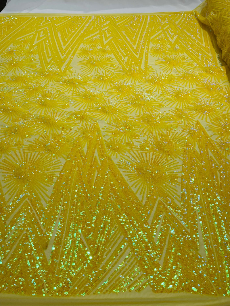 Geometric Fabric - Iridescent Yellow - Sequins Triangle Pattern Design 4 Way Stretch Sold By Yard
