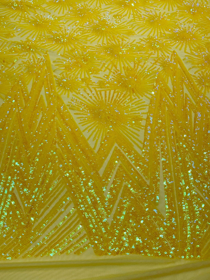 Geometric Fabric - Iridescent Yellow - Sequins Triangle Pattern Design 4 Way Stretch Sold By Yard