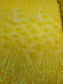 Geometric Fabric - Iridescent Yellow - Sequins Triangle Pattern Design 4 Way Stretch Sold By Yard