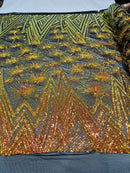 Geometric Fabric - Iridescent Orange - Sequins Triangle Pattern Design 4 Way Stretch Sold By Yard