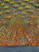 Geometric Fabric - Iridescent Orange - Sequins Triangle Pattern Design 4 Way Stretch Sold By Yard
