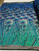 Geometric Fabric -  Iridescent Green - Sequins Triangle Pattern Design 4 Way Stretch Sold By Yard