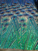 Geometric Fabric -  Iridescent Green - Sequins Triangle Pattern Design 4 Way Stretch Sold By Yard