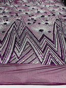 Geometric Fabric - Purple/ Silver - Sequins Triangle Pattern Design 4 Way Stretch Sold By Yard
