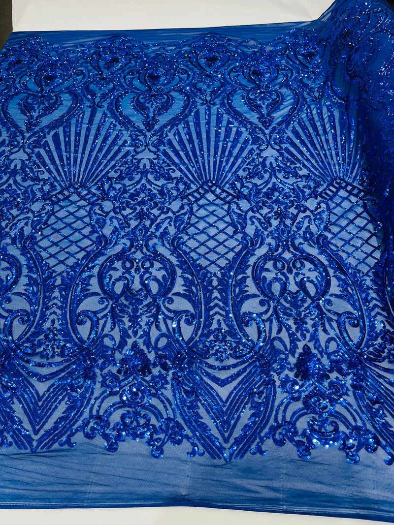 Damask Geometric Sequins - Royal Blue - 4 Way Stretch Sequins Design Sold By Yard