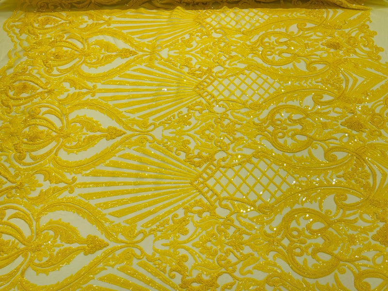 Damask Geometric Sequins - Yellow - 4 Way Stretch Sequins Design Sold By Yard