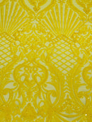 Damask Geometric Sequins - Yellow - 4 Way Stretch Sequins Design Sold By Yard