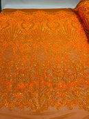 Damask Geometric Sequins - Orange - 4 Way Stretch Sequins Design Sold By Yard