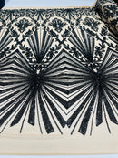 Geometric Sequins - Black Nude Mesh - Triangular Pattern Design 4 Way Stretch Sold By Yard