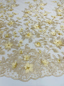 3D Floral Design - Champagne - Flowers Embroidered and Beaded With Pearls On a Mesh Lace