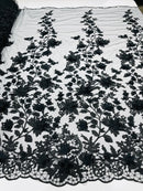 3D Floral Design - Black - Flowers Embroidered and Beaded With Pearls On a Mesh Lace