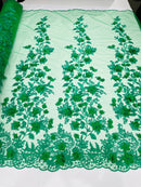 3D Floral Design - Emerald - Flowers Embroidered and Beaded With Pearls On a Mesh Lace