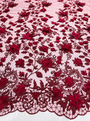 3D Floral Design - Burgundy  - Flowers Embroidered and Beaded With Pearls On a Mesh Lace