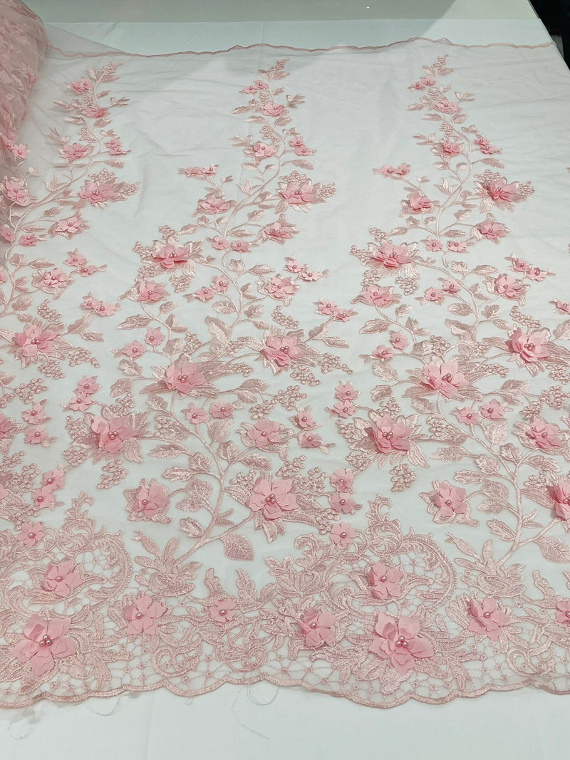 3D Floral Design - Pink - Flowers Embroidered and Beaded With Pearls On a Mesh Lace