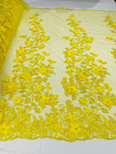 3D Floral Design - Yellow - Flowers Embroidered and Beaded With Pearls On a Mesh Lace