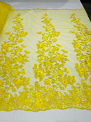 3D Floral Design - Yellow - Flowers Embroidered and Beaded With Pearls On a Mesh Lace