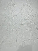 3D Floral Design - White - Flowers Embroidered and Beaded With Pearls On a Mesh Lace