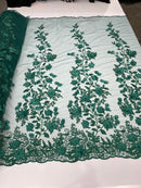 3D Floral Design - Hunter Green - Flowers Embroidered and Beaded With Pearls On a Mesh Lace