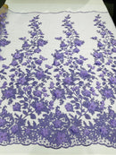 3D Floral Design - Lilac - Flowers Embroidered and Beaded With Pearls On a Mesh Lace