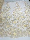3D Floral Design - Champagne - Flowers Embroidered and Beaded With Pearls On a Mesh Lace