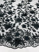 3D Floral Design - Black - Flowers Embroidered and Beaded With Pearls On a Mesh Lace