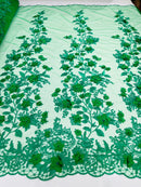 3D Floral Design - Emerald - Flowers Embroidered and Beaded With Pearls On a Mesh Lace