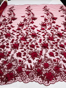 3D Floral Design - Burgundy  - Flowers Embroidered and Beaded With Pearls On a Mesh Lace