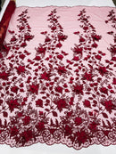 3D Floral Design - Burgundy  - Flowers Embroidered and Beaded With Pearls On a Mesh Lace