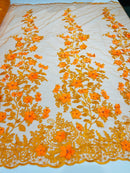 3D Floral Design - Orange - Flowers Embroidered and Beaded With Pearls On a Mesh Lace