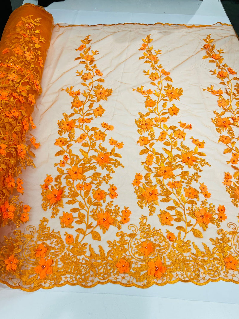 3D Floral Design - Orange - Flowers Embroidered and Beaded With Pearls On a Mesh Lace