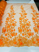 3D Floral Design - Orange - Flowers Embroidered and Beaded With Pearls On a Mesh Lace