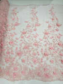 3D Floral Design - Pink - Flowers Embroidered and Beaded With Pearls On a Mesh Lace