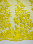 3D Floral Design - Yellow - Flowers Embroidered and Beaded With Pearls On a Mesh Lace