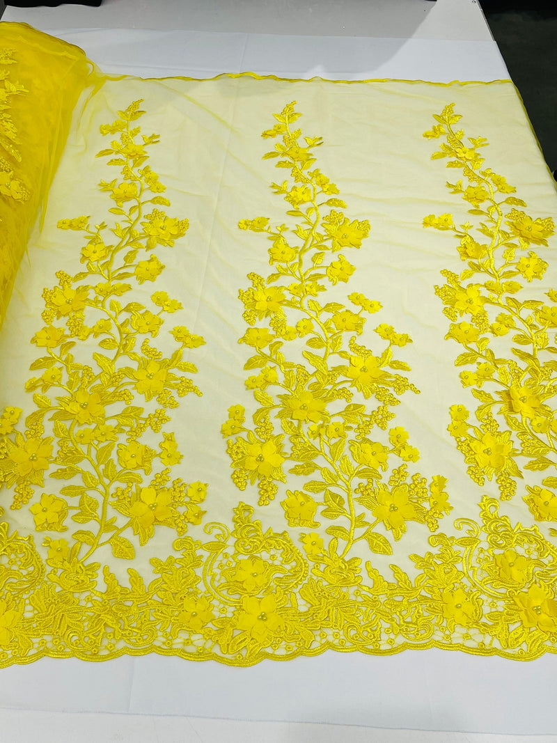 3D Floral Design - Yellow - Flowers Embroidered and Beaded With Pearls On a Mesh Lace