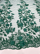 3D Floral Design - Hunter Green - Flowers Embroidered and Beaded With Pearls On a Mesh Lace