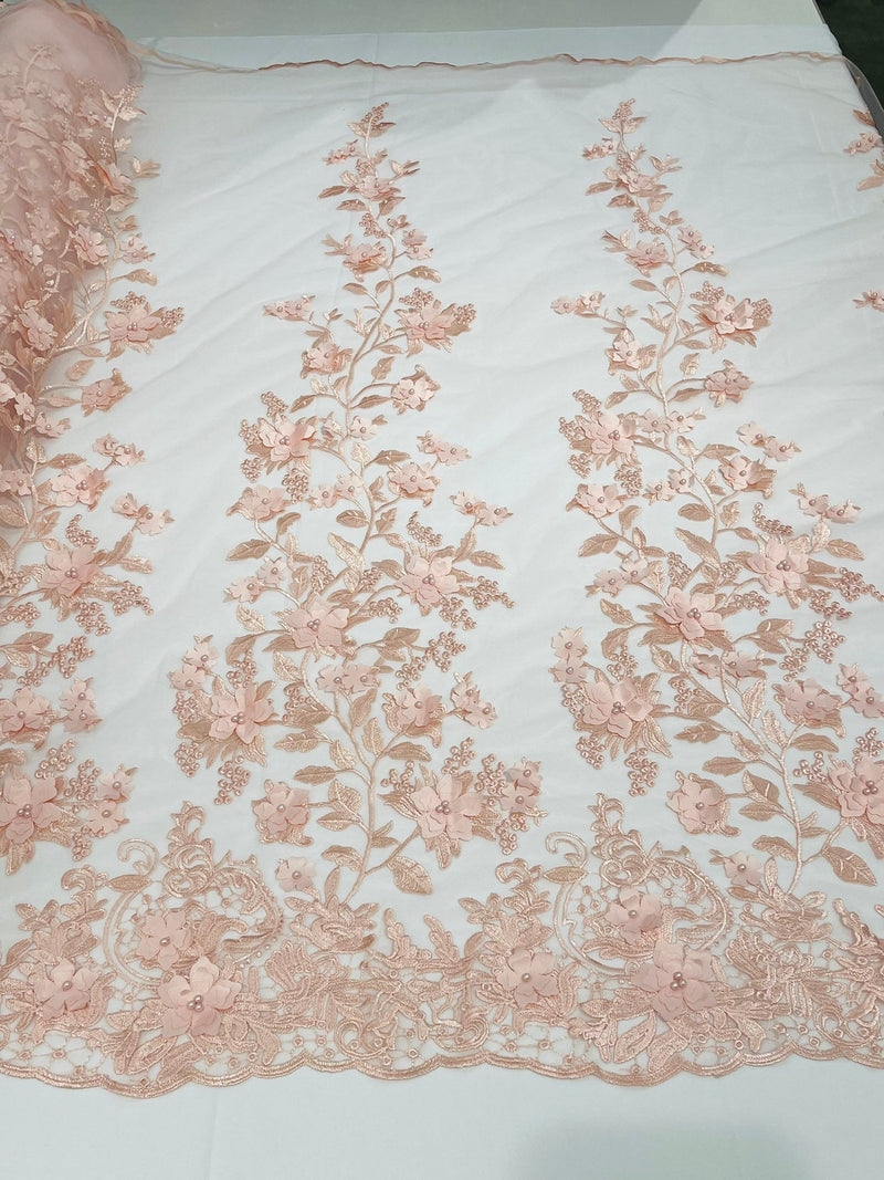 3D Floral Design - Blush - Flowers Embroidered and Beaded With Pearls On a Mesh Lace