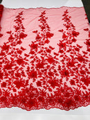 3D Floral Design - Red - Flowers Embroidered and Beaded With Pearls On a Mesh Lace