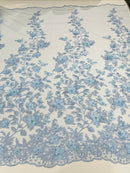 3D Floral Design - Baby Blue - Flowers Embroidered and Beaded With Pearls On a Mesh Lace