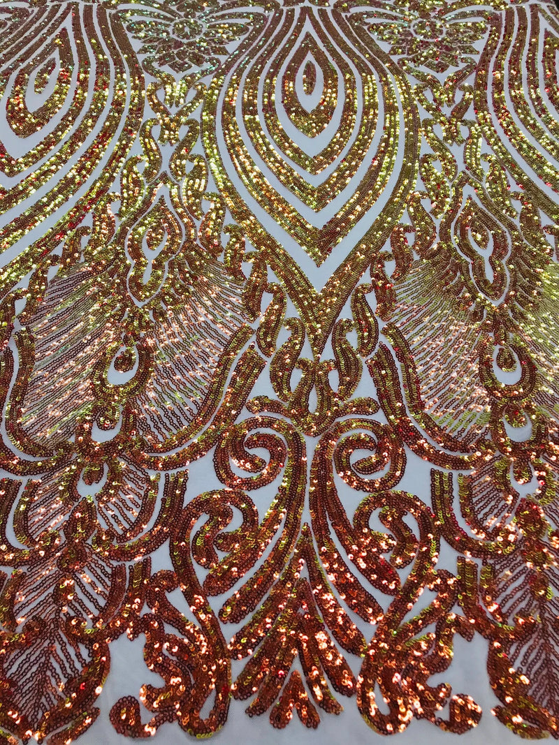 Sequin Damask Design - Orange Iridescent - Nude 4 Way Stretch Sequin Fabric Spandex Mesh By Yard