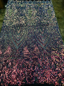 Sequin Damask Design - Rainbow Iridescent - 4 Way Stretch Sequin Fabric Spandex Mesh By Yard