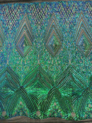 Geometric Sequin Fabric - Green Mermaid - Fancy Design 4 Way Stretch Lace Sequin By Yard