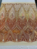Geometric Sequin Fabric - Iridescent Orange on Nude - Fancy Design 4 Way Stretch Lace Sequin By Yard