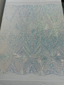Geometric Sequin Fabric - Iridescent Clear - Fancy Design 4 Way Stretch Lace Sequin By Yard